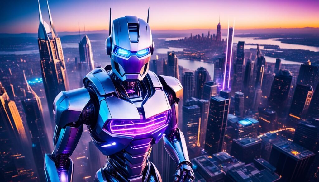 A towering metallic robot standing against a backdrop of a city skyline, A towering metallic robot standing against a backdrop of a city skyline,