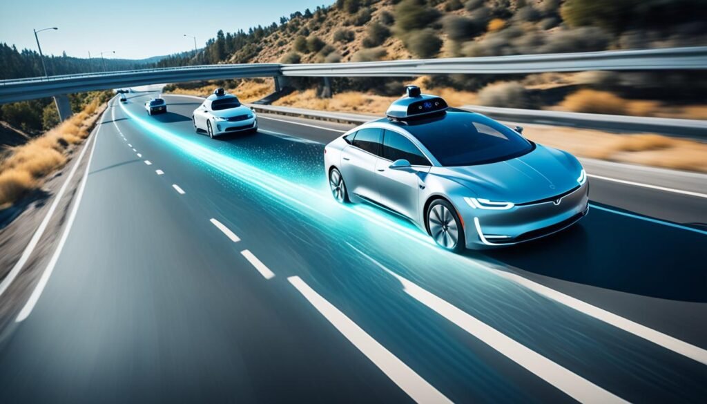 A sleek, futuristic self-driving car smoothly navigates a busy highway, A sleek, futuristic self-driving car smoothly navigates a busy highway,