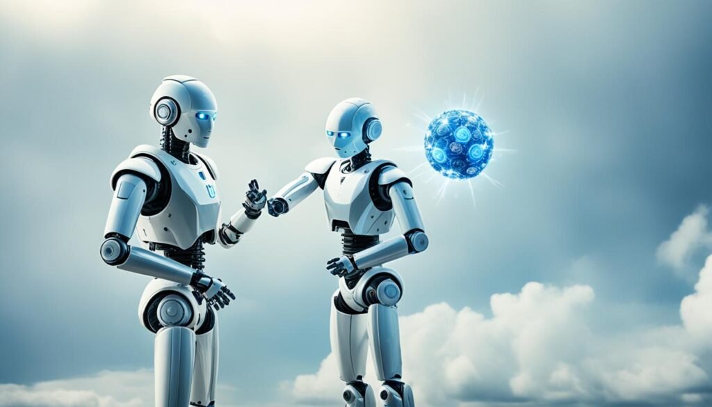 an image that portrays the conflict between the benefits and risks of AI an image that portrays the conflict between the benefits and risks of AI