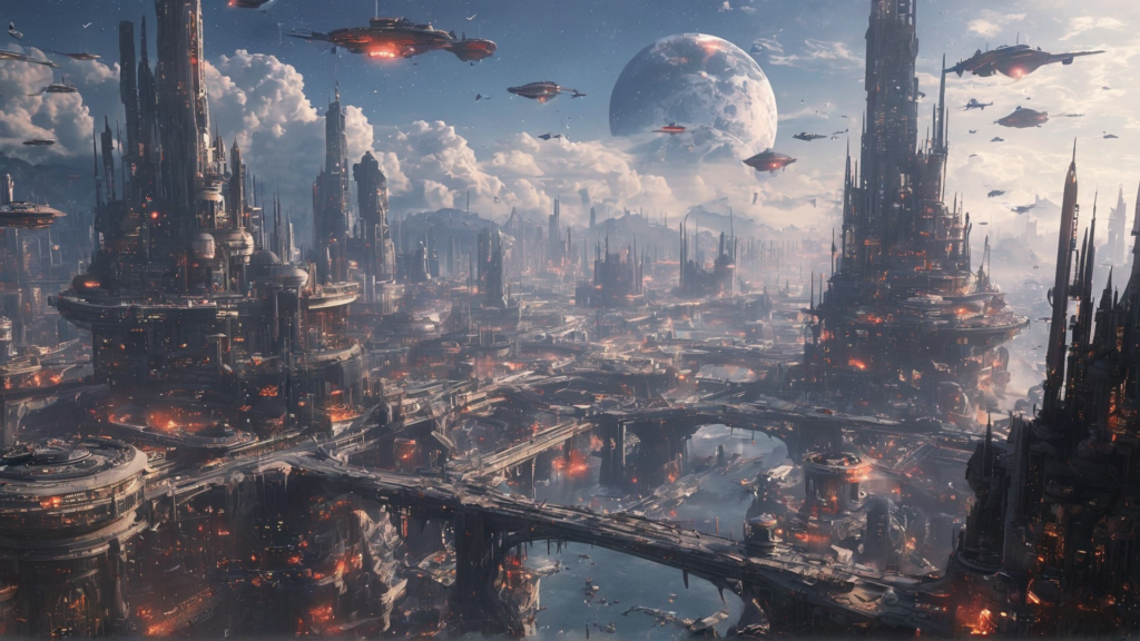 Sci-fi and fantasy AI-generated images depicting futuristic cities, mythical creatures, and epic space battles. Sci-fi and fantasy AI-generated images depicting futuristic cities, mythical creatures, and epic space battles.