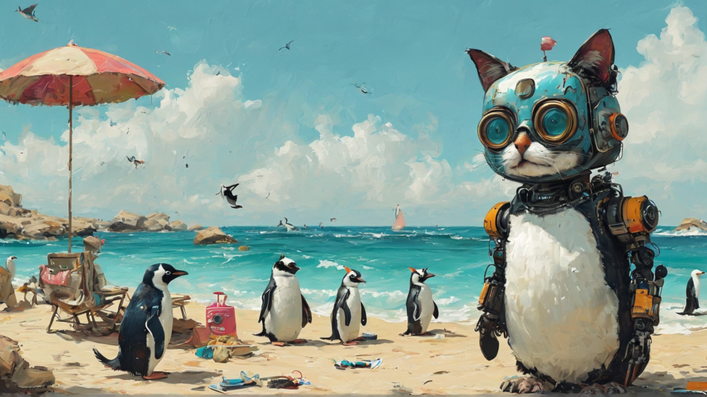 Humorous AI-generated artworks depicting whimsical scenarios like penguins at a beach party or a robot painting a cat. Humorous AI-generated artworks depicting whimsical scenarios like penguins at a beach party or a robot painting a cat.