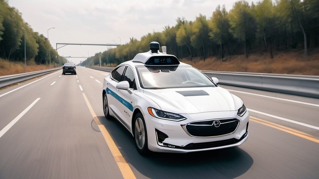 AI-powered self-driving car on a modern highway. AI-powered self-driving car on a modern highway.