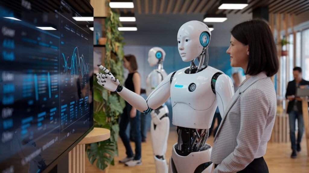 A futuristic image of AI interacting with humans in professional environments, symbolizing the next step towards AGI. A futuristic image of AI interacting with humans in professional environments, symbolizing the next step towards AGI.