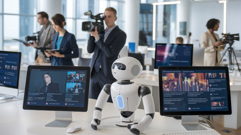 A newsroom setting with both human journalists and AI-powered computers, illustrating the integration of AI in journalism. A newsroom setting with both human journalists and AI-powered computers, illustrating the integration of AI in journalism.
