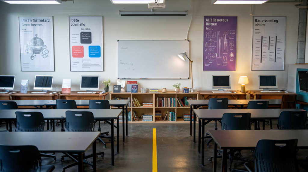 A classroom or lecture hall where students learn about AI tools and data journalism, showing the adaptation of journalism education to the digital age. A classroom or lecture hall where students learn about AI tools and data journalism, showing the adaptation of journalism education to the digital age.